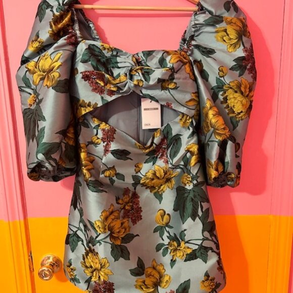 ASOS Salon Floral Jacquard Puff Sleeve Cut Out Dress - 8 - Picture 2 of 14